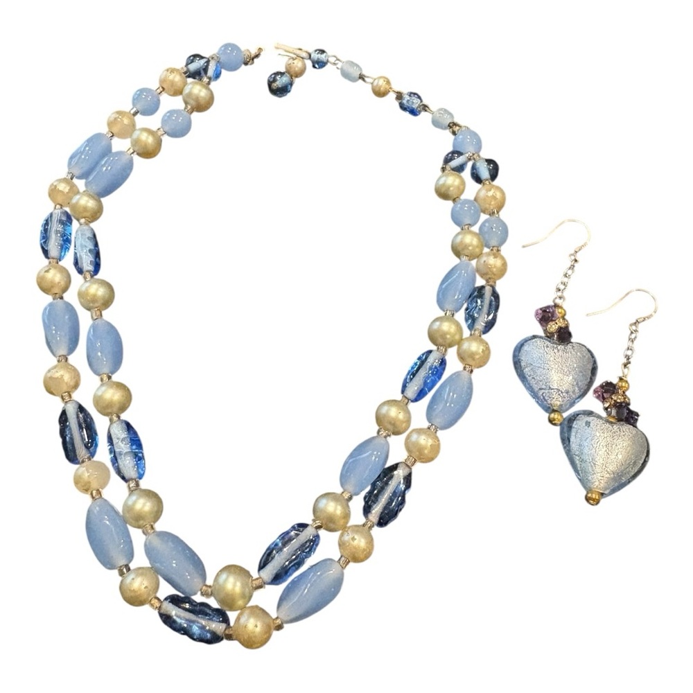 Vintage Japan Necklace & 1990s Glass Heart Earrings Set – Blue & Gold J12